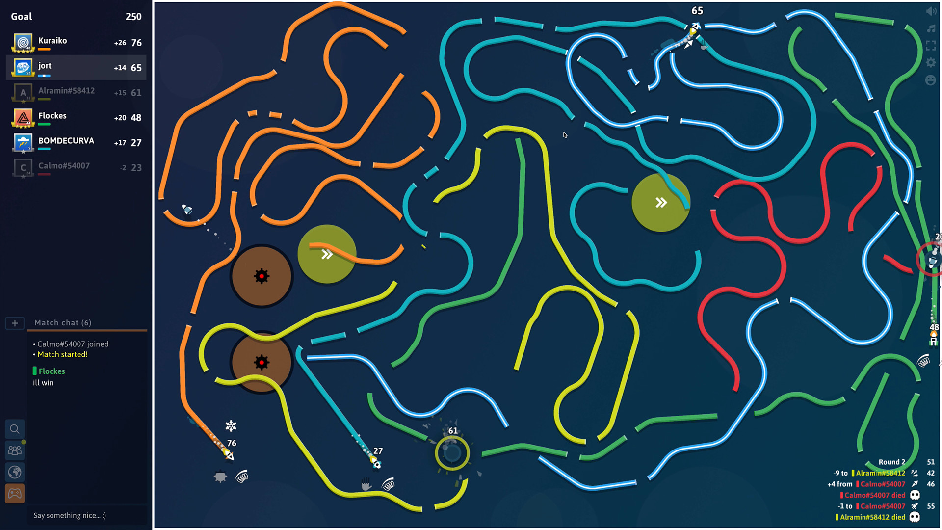 Curve Fever Pro dense arena with multiple colored trails, scoreboard, and intense combat