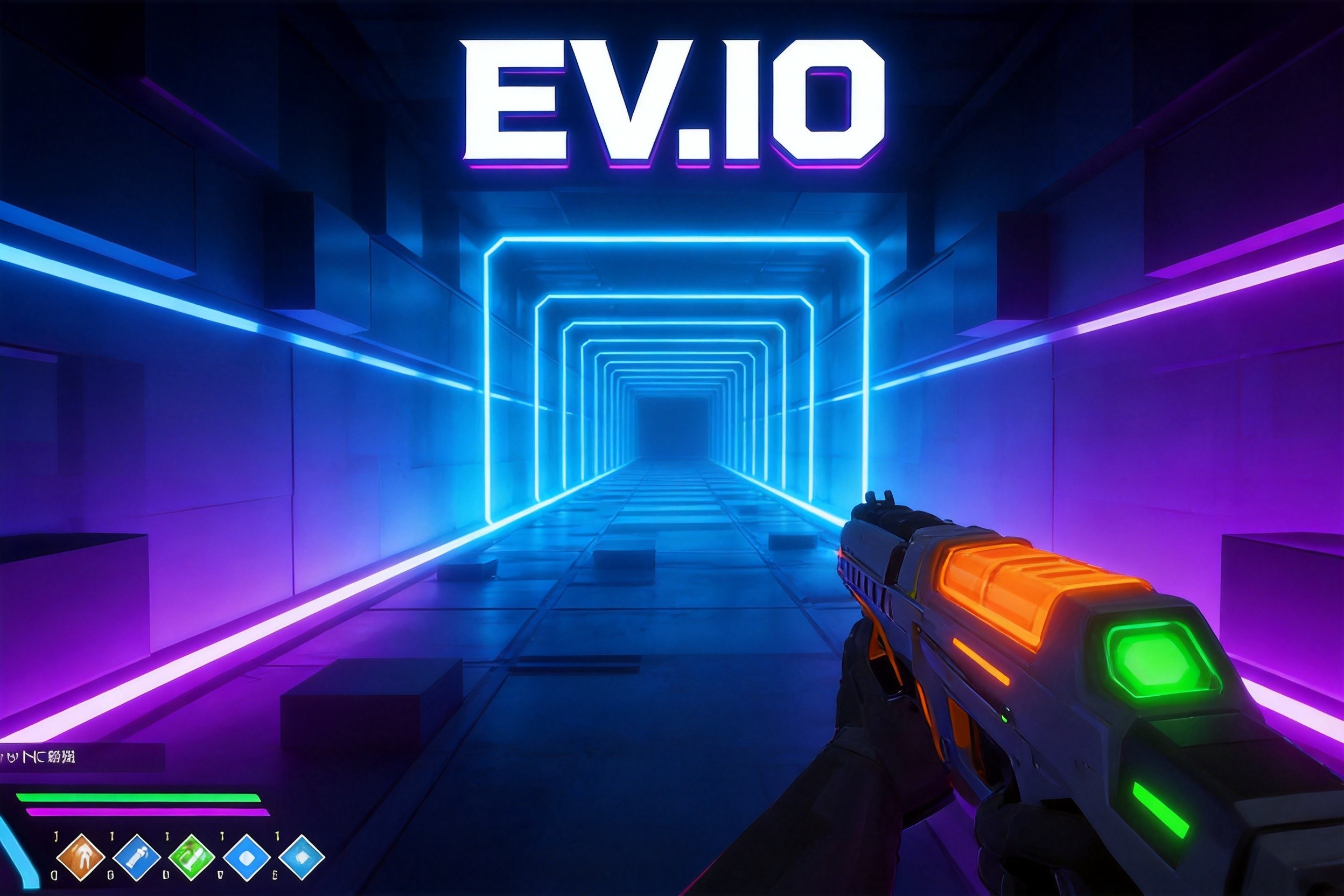 Ev.io futuristic FPS arena with neon cyberpunk environment