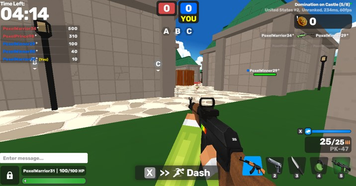 Poxel.io gameplay showing pixel-style FPS combat with multiple weapons