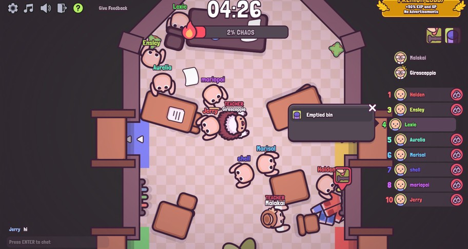SchoolBreak.io student gameplay - throwing objects and causing chaos in classroom