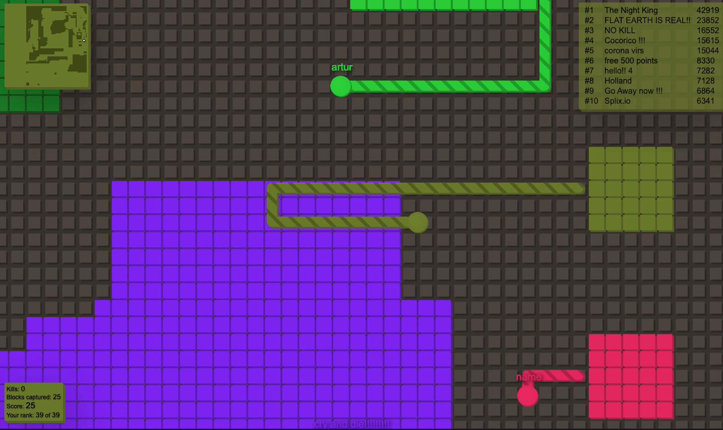 Splix.io territory capture gameplay with leaderboard